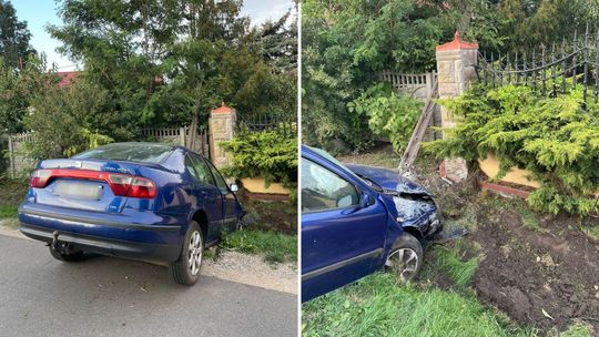 Auto uderzyło w ogrodzenie i słup. Kierowca i pasażer pijani i pod wpływem narkotyków