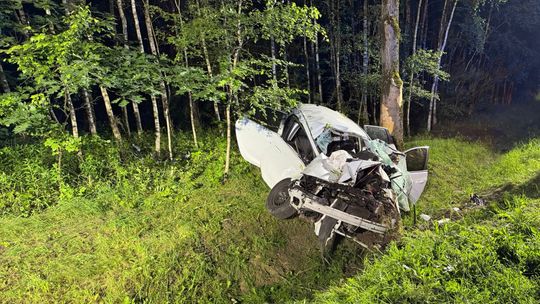 Dachował osobowy opel. Młody kierowca próbował ominąć dzikie zwierzę