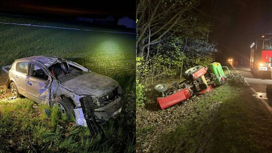 Pijany kierowca uderzył w ciągnik. Ranna kobieta w ciąży