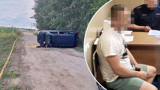 Pościg pod Płońskiem. Opel dachował, kierowca próbował uciec do lasu