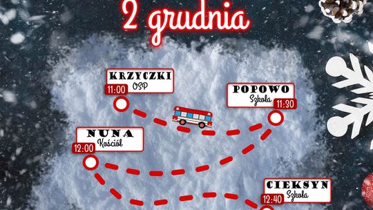 Wesoły autobus ze św. Mikołajem, Mikołajową i elfami przejdzie przez gminę Nasielsk. Gdzie się zatrzyma?