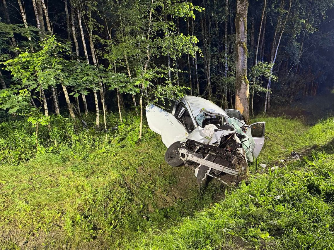 Dachował osobowy opel. Młody kierowca próbował ominąć dzikie zwierzę