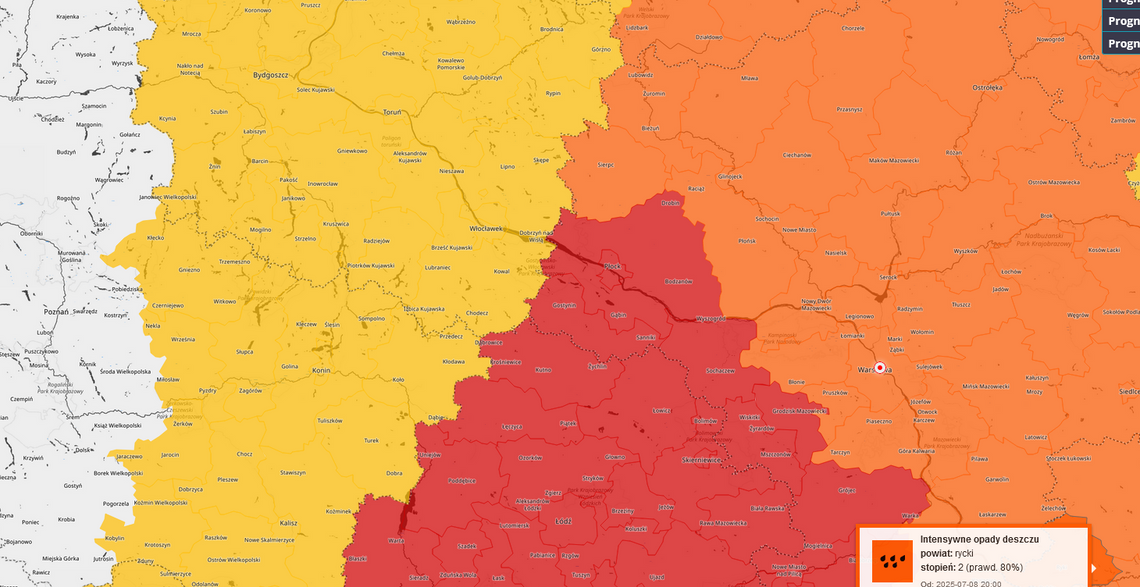 IMGW ostrzega: intensywne opady deszczu i gwałtowne burze w powiecie płońskim