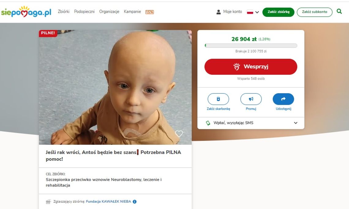 Trwa walka o życie niespełna 2-letniego Antosia z Ciechanowa. Potrzeba 2 mln zł. Chłopiec walczy z neuroblastomą - złośliwym nowotworem