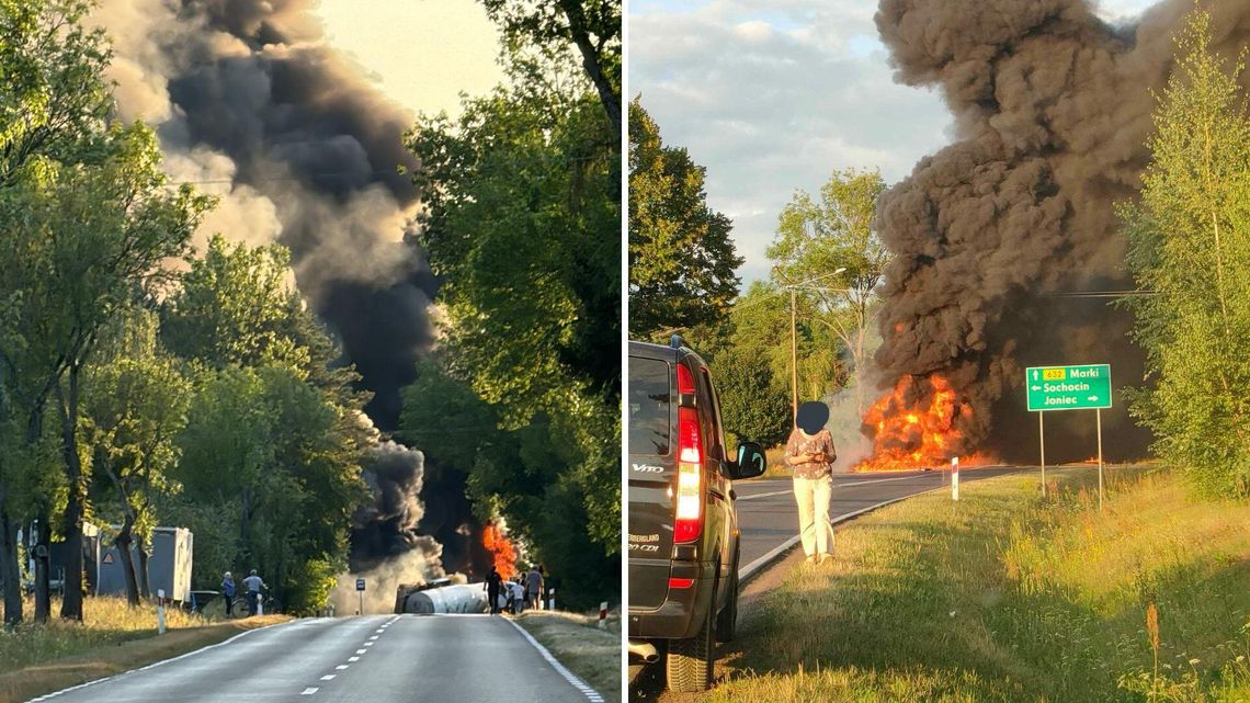 Zderzenie i pożar cysterny za Bolęcinem. Płonie 35 tys. litrów paliwa