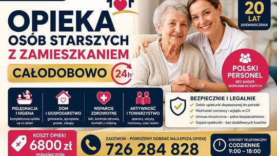 Opieka całodobowa z zamieszkaniem dla seniora - doświadczone opiekunki