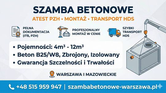 Szamba Betonowe Płońsk Atest PZH, Montaż, Transport HDS